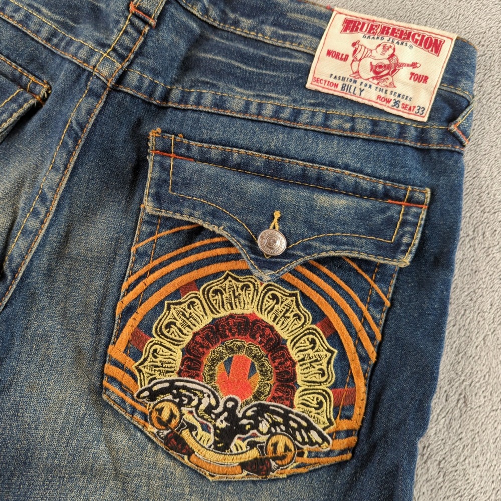 True Religion Billy Jeans 36 Blue Faded Bootcut Embroidered World Tour Y2K USA